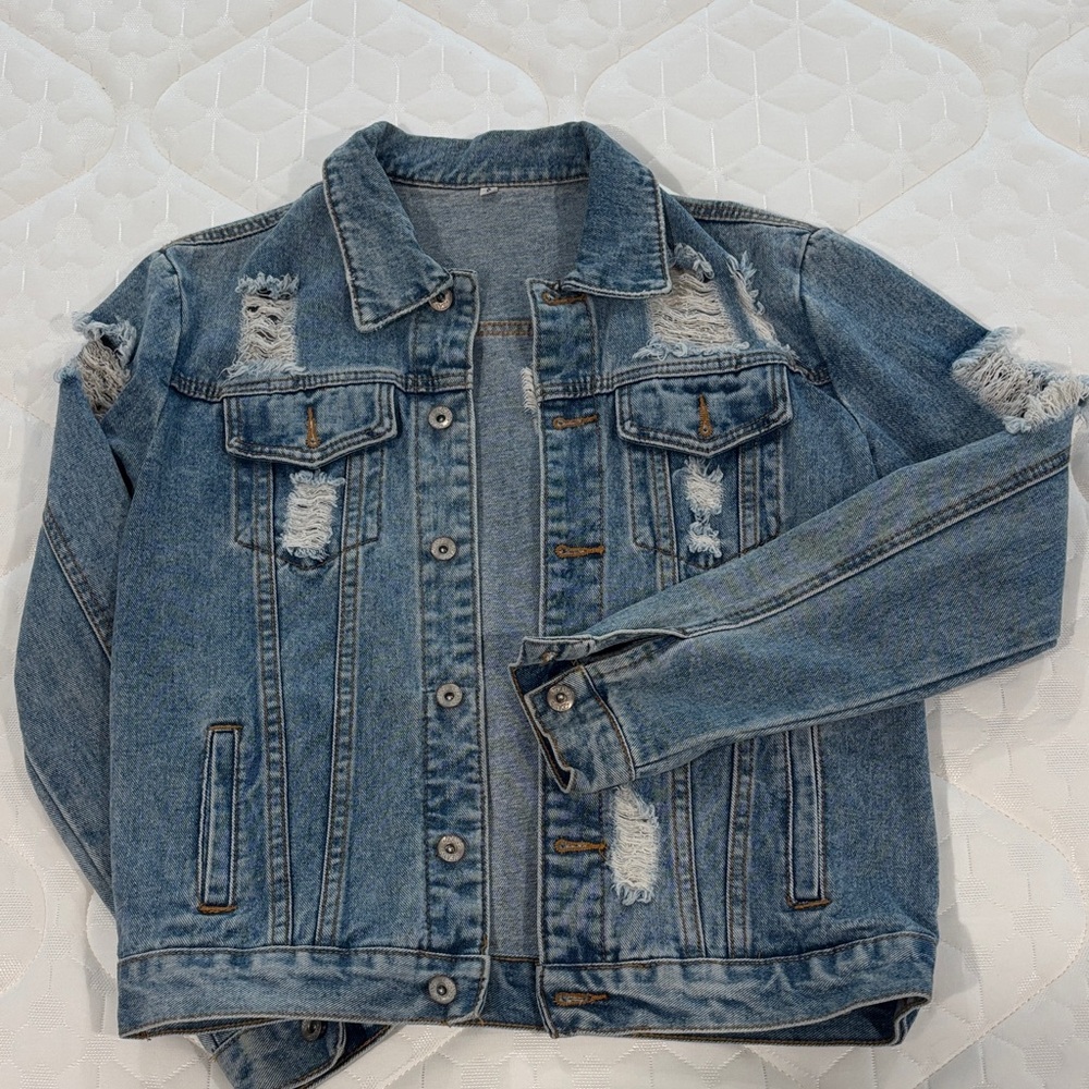 SHEIN Distressed Blue Denim Jean Jacket